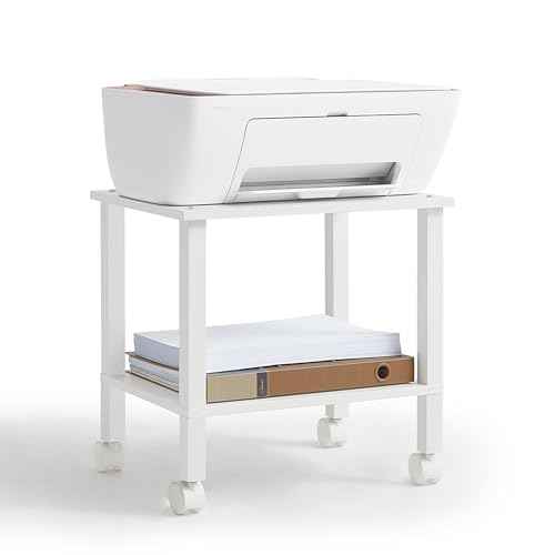 2 Tier Printer Stand with Storage,Under Desk Shelf Printer Table, Rolling Printer Cart for Office,Home,White