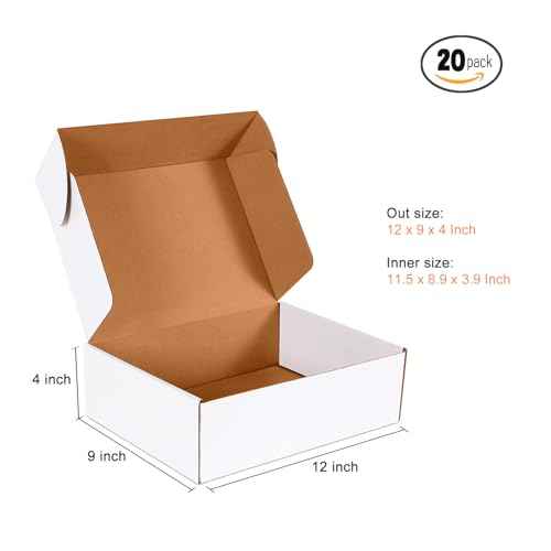 12x9x4 inch Shipping Boxes Set of 20, White Corrugated Cardboard Box Literature Mailer for Mailing Packing Moving and Storage