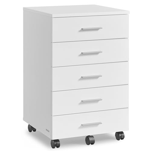 VASAGLE White 5-Drawer Mobile Pedestal Filing Cabinet with Lockable Casters