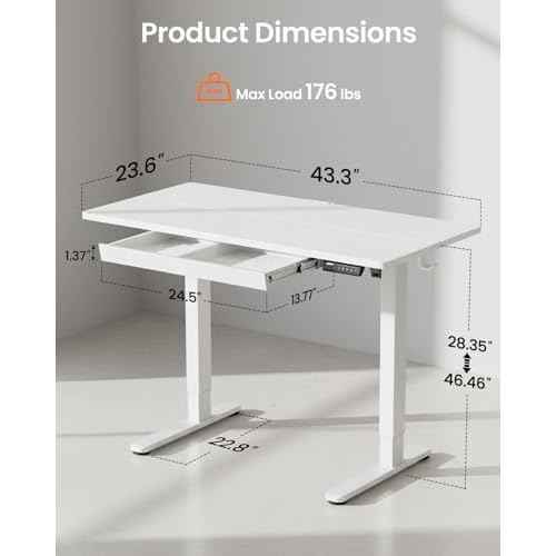 ErGear 44 inch Electric Standing Desk with Drawers, Adjustable Height with Storgear, 4 Memory Height Settings, Sit Stand Up Desk for Home Office & Computer Workstation, White