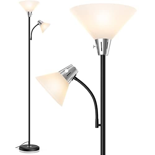 LEPOWER Floor Lamp, Standing Lamp Replaceable 3000K Energy-Saving, Lamp for Living Room with Adjustable Reading Light, Modern Bright Floor Lamp for Bedroom, Living Room, Office