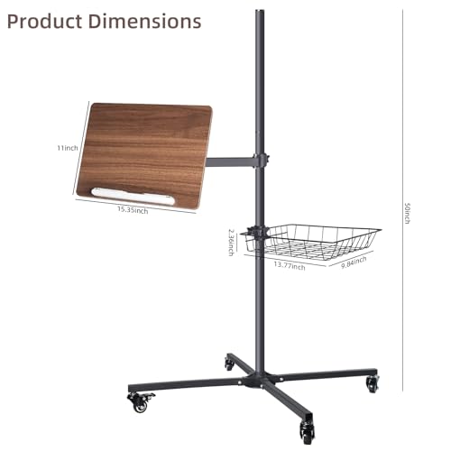 Mobile Book Stand with Storage Basket, Height Adjustable Reading Stand with Wheels, Wood and Metal