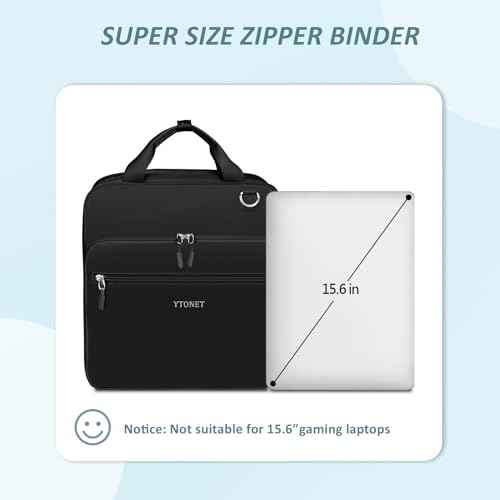 Ytonet Zipper Binder with Shoulder Strap, 3 Inch 3 Ring Binder with Zipper, 600 Sheets Large Capacity Waterproof School Binders Organizer for Son Boys Girls Students Fit 15.6 Inch Laptop, Black