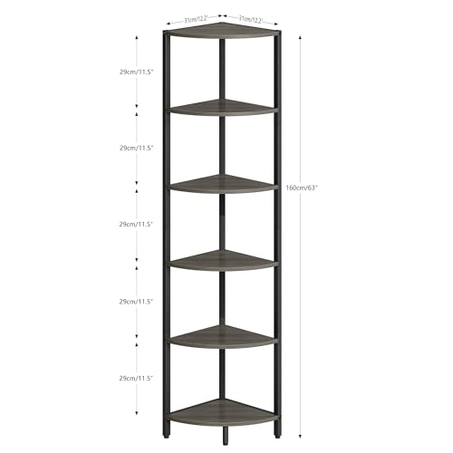 6 Tier Corner Shelf 63.1" Tall Corner Shelves Stand Ladder Shelf Grey Woodgrain Industrial Standing Bookshelf Organizer Display Rack Bookcase Plant Stand for Living Room Bedroom CS-001GW