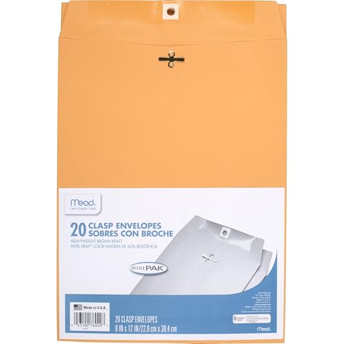 Mead 9x12 Clasp Envelope Pack of 20 - Brown Kraft Mailing Envelopes