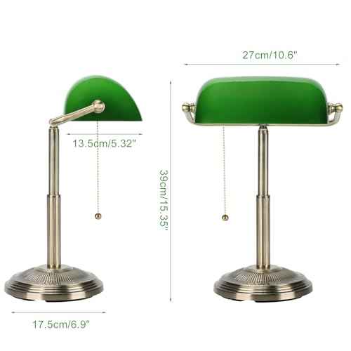 LINNMON Bankers Desk Lamp, Green Retro Lamp, Vintage Lamp with Pull Chain Switch for Home Office (Brass+Green)
