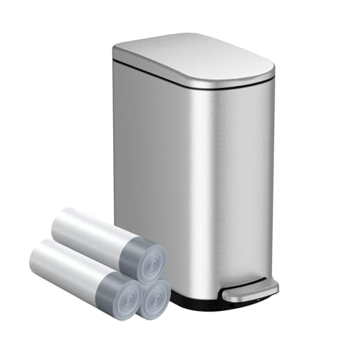 KSSKSS Silver 2.6 Gallon Slim Stainless Steel Trash Can with Soft Close Lid