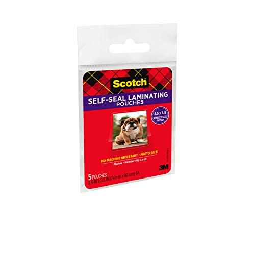Scotch Self-Sealing Laminating Pouches, Glossy Finish, Wallet Photo Size 2 1/2 in x 3 1/2 in, 5 Pouches