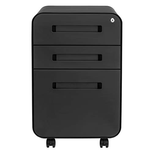 Laura Davidson Furniture Stockpile 3 Drawer File Cabinet with Lock - Under Office Desk Metal Filing Cabinet, Legal/Letter File Folders, Wheels and Stationary Feet, Pre-Assembled, Black