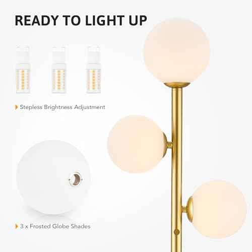 VONLUCE Mid Century Modern Floor Lamp 65", 3 Globe Lights Standing Lamp with LED Bulbs & Frosted Shades, Contemporary Dimmable Tall Pole Lamp for Living Room Bedroom Office, Gold