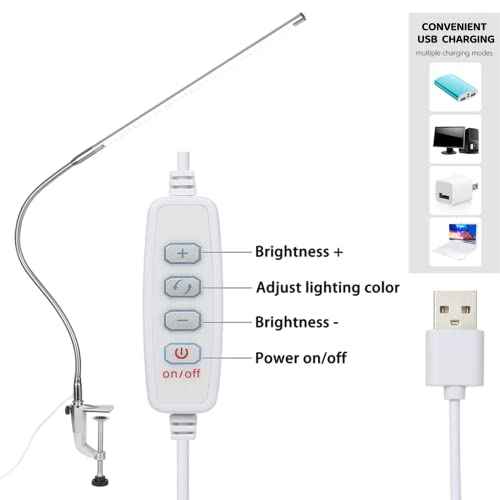 Desk Lamp with Clamp, 3 Modes 10 Brightness 360¡Æ Rotation Eye-Caring Reading Light,8W Long Flexible Gooseneck, Architect Task Lamp, USB Clamp Light for Home Office Manicure Reading