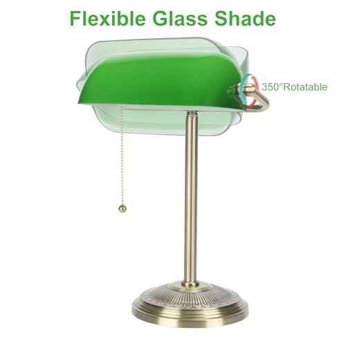 Bankers Lamp, Green Desk Lamp with Brass Finish, Classic Table Lamp with Pull Switch for Home, Office, Study (Green)