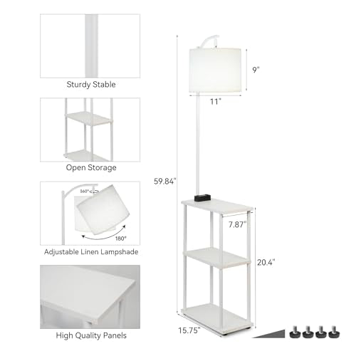 Floor Lamp with Table, Narrow Side Table with USB-A/USB-C Charging Station and AC Port, 3 Color Temperatures 12W LED Bulb, End Table for Bedroom, Living Room and Home Office, White