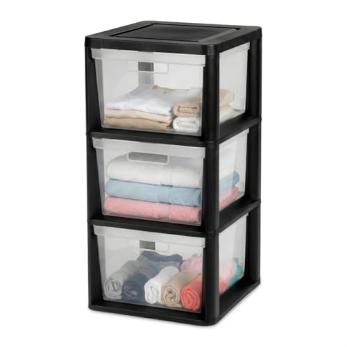 Black 3-Drawer Plastic Storage Tower Organizer with Clear Removable Bins