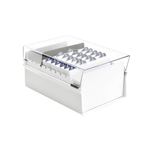 Acrimet 4 x 6 Card File Holder Organizer Box Metal Base Heavy Duty (AZ Index Cards and Divider Included) (White Color with Clear Crystal Plastic Lid Cover)