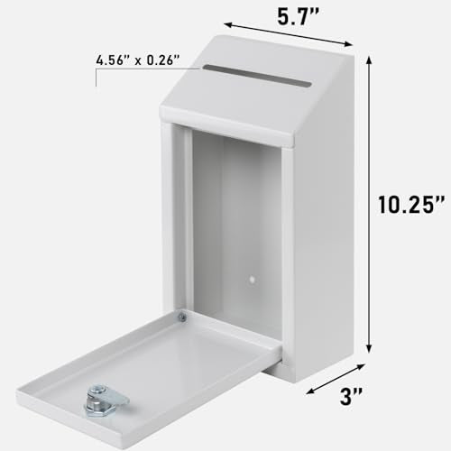Metal Donation Box with Lock, Wall Mounted, Suggestion Box with 4 Iron Keys, White, Cash Drop Box with Slot, 1-Pack