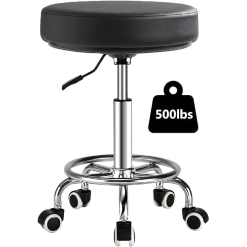 Adjustable Rolling Stool with Wheels Heavy Duty 500lb Round Rolling Stool with Footrest, Patent Leather Drafting Stool Chair with Wheels Work Spa Salon Seat, Black
