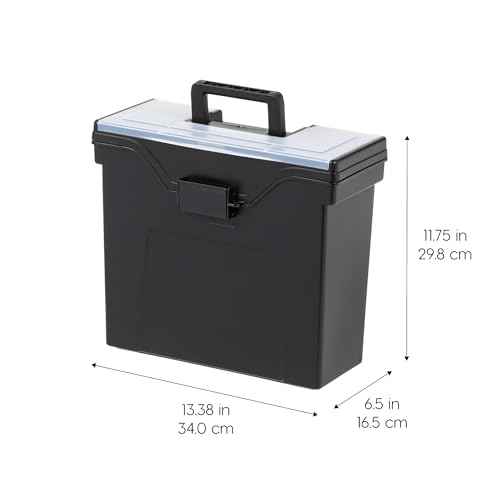 IRIS USA Portable File Box With Handle, Slim w/Organizer Lid, Plastic File Organizer Box for Letter Files, Hanging Filing Folder Organizer, Lockable, Secure Buckle, Black