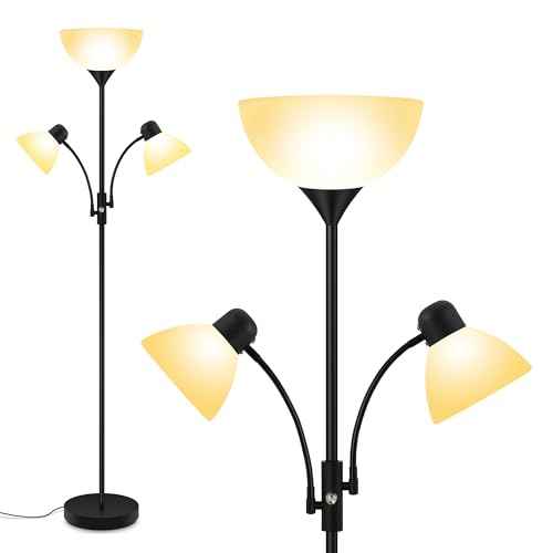 Floor Lamp, Torchiere Floor Lamps for Living Room, 71 Inch Tall Standing Lamp, Bedroom Lamps with Gooseneck Light, Rotary Switch, 3 Plastic Lampshade, Torch Floor lamps for Bedroom (Black, No Bulb)