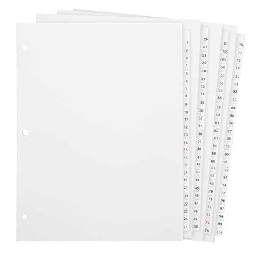 Yeaqee 1-100 Numbered Tabs Dividers for 3 Ring Binders 8.5 x 11 Inch Letter Size Numbered Dividers White Binder Index for File Notebook
