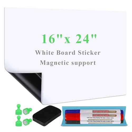 White Board Sticker Adhesive Backing, 16" x 24" Magnetic Dry Erase Board Contact Paper Stick on Wall, Whiteboard Sheet for Teacher Kids Classroom, Include Markers, Eraser with Magnet