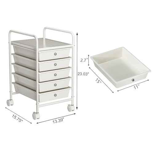 5-Tier Rolling Cart with 5 Drawers, Rolling Utility Cart with 2 Lockable Caster Wheels, Multipurpose Mobile Rolling Storage Drawer Cart for Office Bathroom Kitchen, Ivory White