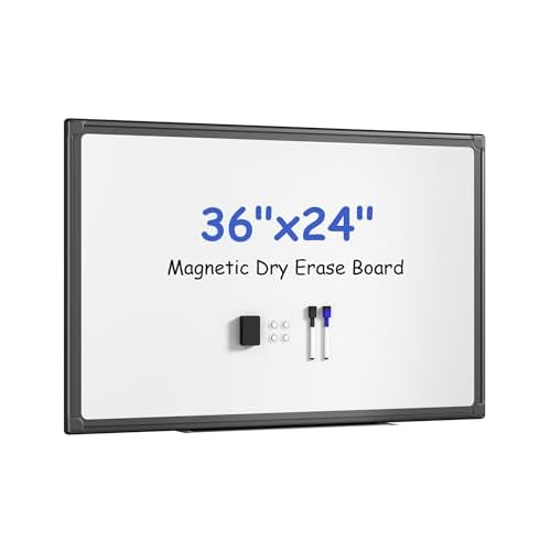 VUSIGN Magnetic White Board Dry Erase 36" x 24" with 1 Dry-Erase Eraser, 2 Multicolor Marker, 4 Magnetic Pins, Black Reinforced Aluminum Frame for Office, Home, School