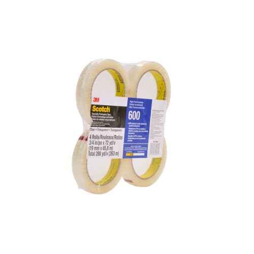 3M Scotch Light Duty Packaging Tape 600 Clear High Clarity, 3/4 in x 72 yd