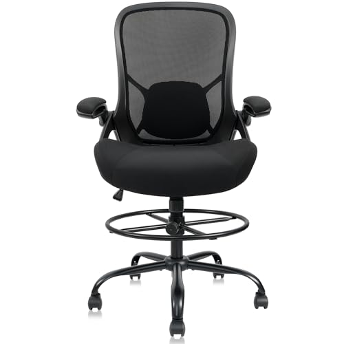 HYLONE 400lbs Big & Tall Drafting Chair Black – 5" Thick Seat, 44-52" Height, Flip-Up Armrests, Lumbar Support, Adjustable Footrest, 28" Base