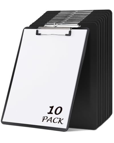 Dynta 10 Pack Plastic Clipboard 8.5x11 with Low-Profile Clip Black - Includes Hanging Loop