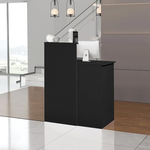 Zethvax Reception Desk with 2 Lockable Drawers, Black—Compact 31in L x 17.7in W x 29.9in H with Cable Management