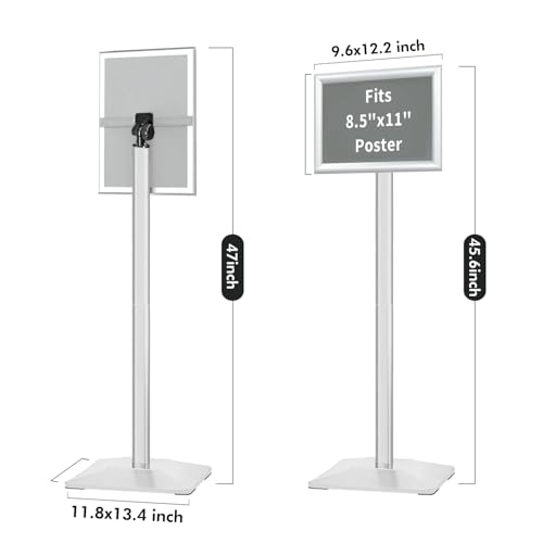 Heavy Duty Adjustable Pedestal Poster Sign Stand, 8.5x11 Aluminum Open Floor Standing Sign Holder for Vertical and Horizontal View Display (8.5x11,Silver)