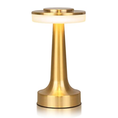 Cordless Metal Desk Lamp, Touch Sensor Control LED Table Lamp,3 Color Stepless Dimmable Battery Powered Lamp for Living Room, Dorm, Home Office (Gold)