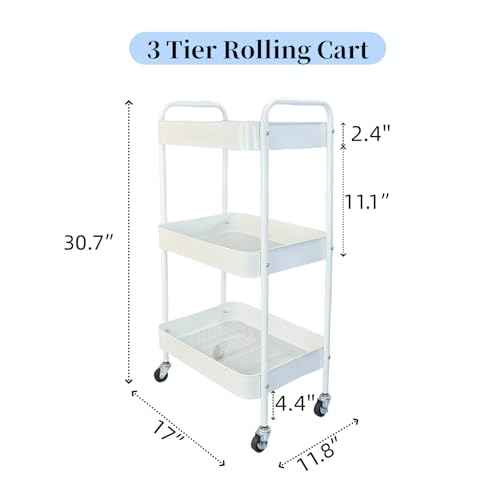 Metal 3 Tier Rolling Cart with Wheels for Kitchen Storage & Laundry Room Organization, Bedside Cart with Handle and 4 Hooks, Versatile Large Capacity Art & Craft Storage Organizer, White