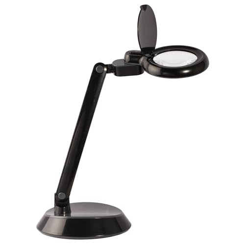 OttLite Space Saving Magnifier LED Desk Lamp, Optical Grade Magnification, Adjustable Arm, Pivoting Head, Portable to Travel, for Crafting & Needlework, Magnifying Glass with Light and Stand, Black
