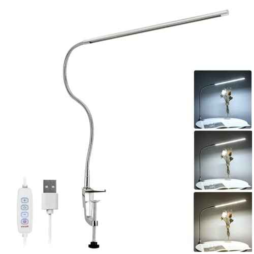 Desk Lamp with Clamp, 3 Modes 10 Brightness 360¡Æ Rotation Eye-Caring Reading Light,8W Long Flexible Gooseneck, Architect Task Lamp, USB Clamp Light for Home Office Manicure Reading