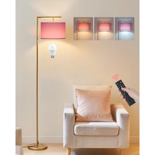 Modern Gold Arc Floor Lamp, Corner Tall Lamp with Remote, Arched Reading Light with Fabric Shade, Floor Lighting for Living Room, Bedroom, Office, Study, Pink, LED Bulb Included, DP11LD05