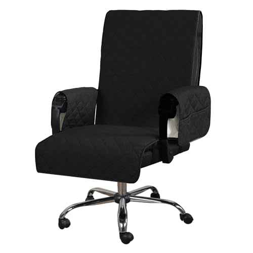 H.VERSAILTEX Water-Resistant Office Chair Protector ? Universal High-Back Cover with Non-Slip Buckles, Fits Executive,Gaming Chair and Desk Chairs (Black/Grey, Washable)