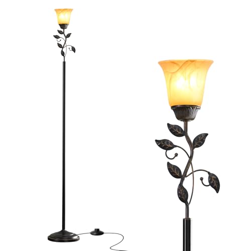 72¡± Flower Farmhouse Floor Lamp for Living Room, Unique Rustic Leaf Tall Standing Lamp with Amber Glass Shade and Traditional Foot Switch for Bedroom, Corner, Office, Bulb Included (Bronze)