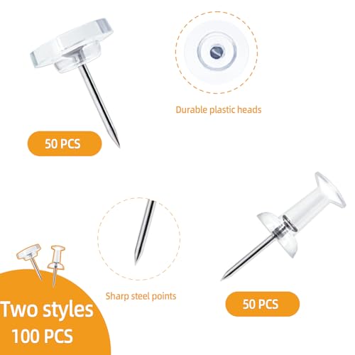 100-Pack Clear Push Pins & Flat-Head Tacks with Storage Box for Cork Boards – Office & Classroom