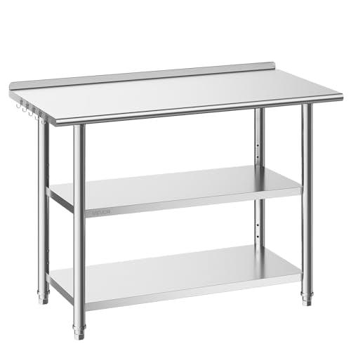 VEVOR Stainless Steel Kitchen Work Table 24x48 in with 2 Shelves Backsplash