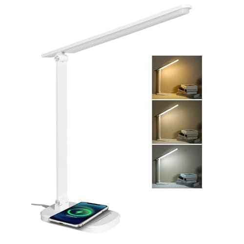 LED Desk Lamp with Wireless Phone Charger, 21W Touch Control Dimmable Lamp, 5 Brightness and 3 Color Modes, Powered via DC Charging Cable (White)