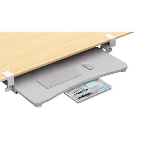 Desktop Keyboard Tray, Under Desk Pull Out,25.59" X 11.81" Large Size Radian Keyboard Tray with C-Clip Mount, Easy Installation, Computer Keyboard Stand, for Home Study and Office(White)