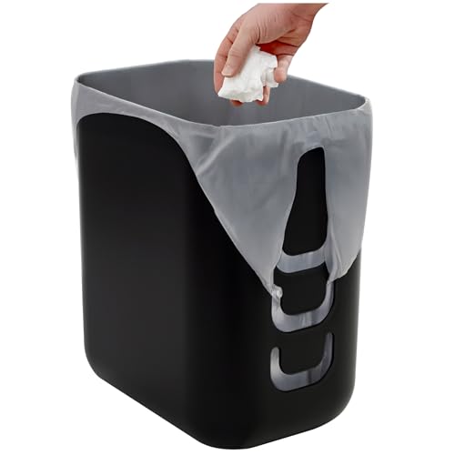 STORi Luup Black 2.5 Gallon Reuse Grocery Bag Trash Can with Hooks - Compact Wastebasket for Kitchen, Bathroom, Office, Garage, Laundry - 1 Pack
