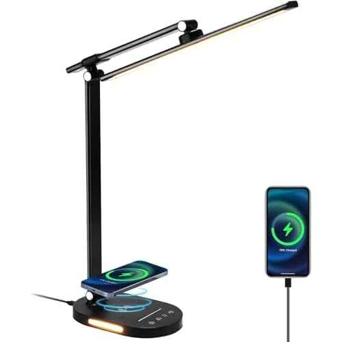 Lightess LED Desk Lamp with Cordless Charger, USB Charging Port, Touch Control, Dimmable Office Desk Light with 5 Color Modes & 5 Brightness Level, Auto Timer, Eye-Caring Desk Lamp for Study, Black
