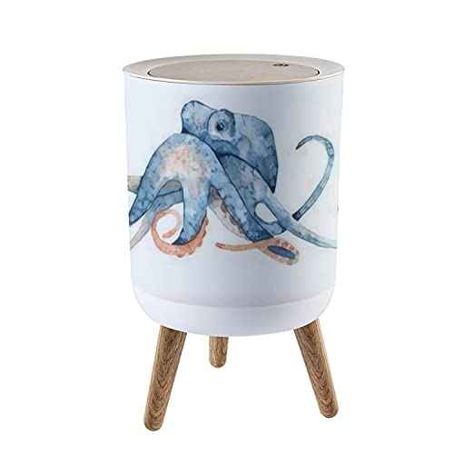 Small Trash Can with Lid Watercolor Hand Drawn of Octopus in Blue Color Isolated on White Garbage Bin Wood Waste Bin Press Cover Round Wastebasket for Bathroom Bedroom Office Kitchen