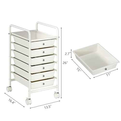 6-Tier Utility Cart with 6 Drawers, Rolling Utility Cart with 2 Lockable Caster Wheels, Multipurpose Mobile Rolling Drawer Cart for Office Bathroom Kitchen, Ivory White