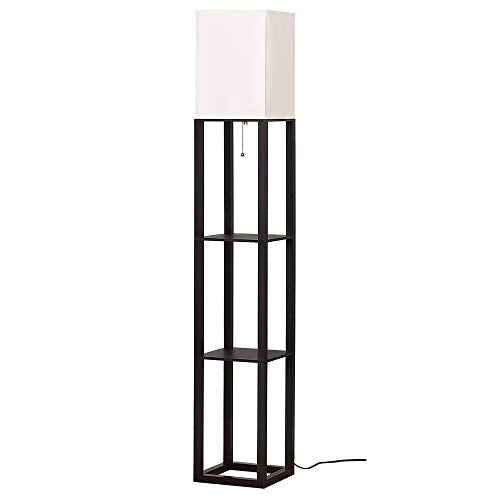 HomeFocus - Floor Lamp with Shelves,Shelf Floor Lamp with LED Bulb,Bookshelf Corner Display Lamp for Living Room,Bedroom and Office,White Linen Shade,Rustic Wood,Black