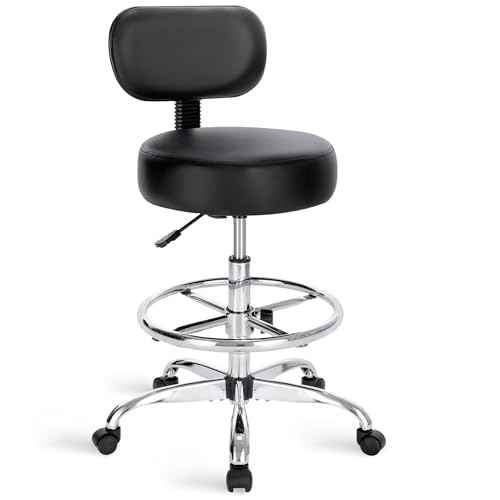 SUPERJARE Drafting Chair with Back, Adjustable Foot Rest Rolling Stool, Multi-Purpose Office Desk Chair, Thick Seat Cushion for Home Bar Kitchen Shop - Black 7205B