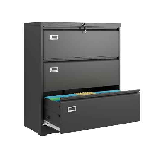DEVAISE 3 Drawer Lateral File Cabinet with Lock, Metal Filing Cabinets for Home Office, 16" D x 35" W x 40.5" H Wide Storage Organization for Hanging Files Letter/A4/Legal/F4 Size, Black